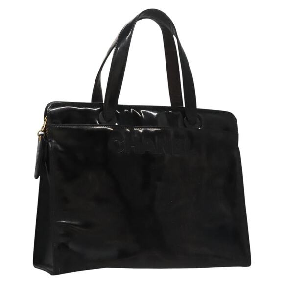 CHANEL Coco Mark Tote Bag Patent Leather Black Gold CC - Picture 1 of 16